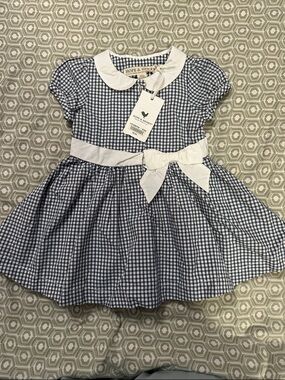 Hope & Henry Navy Gingham Dress with White Collar and Bow